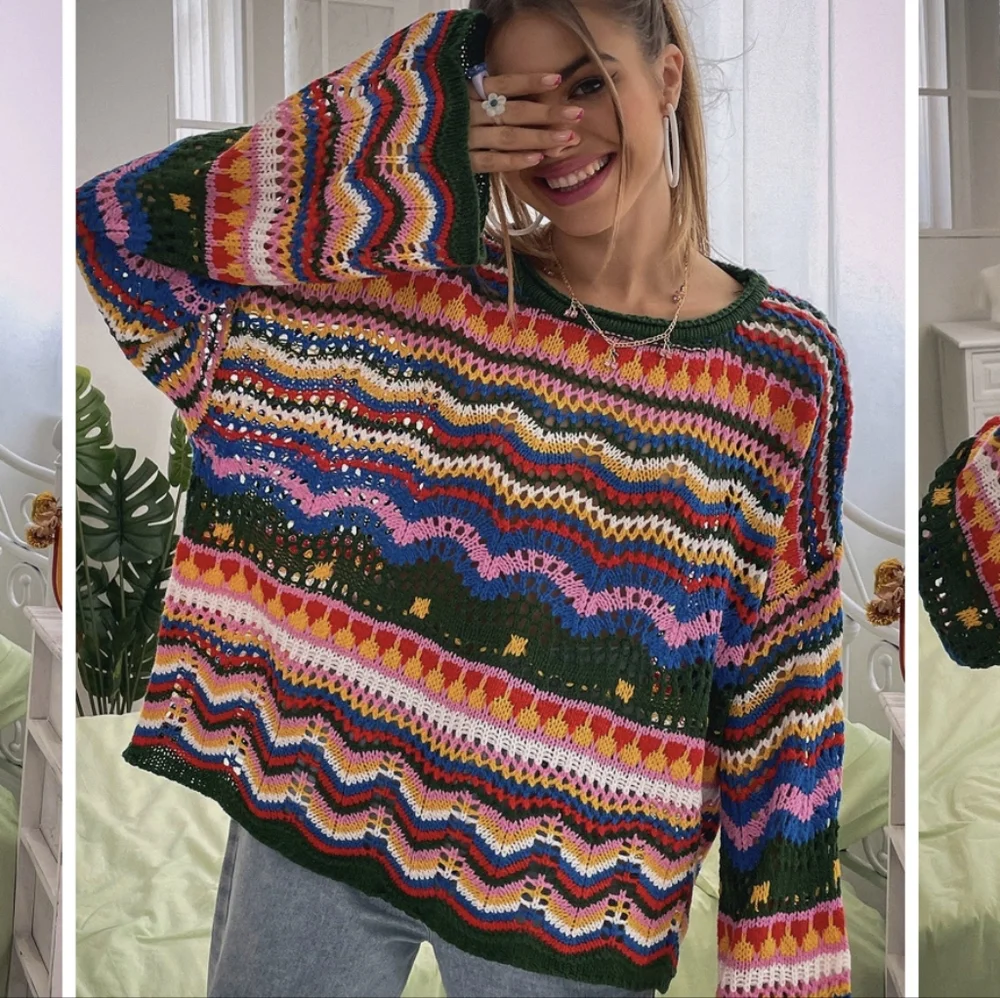 SheIn Chevron Pattern Open Knit Colorblock Sweater - Picture 3 of 7